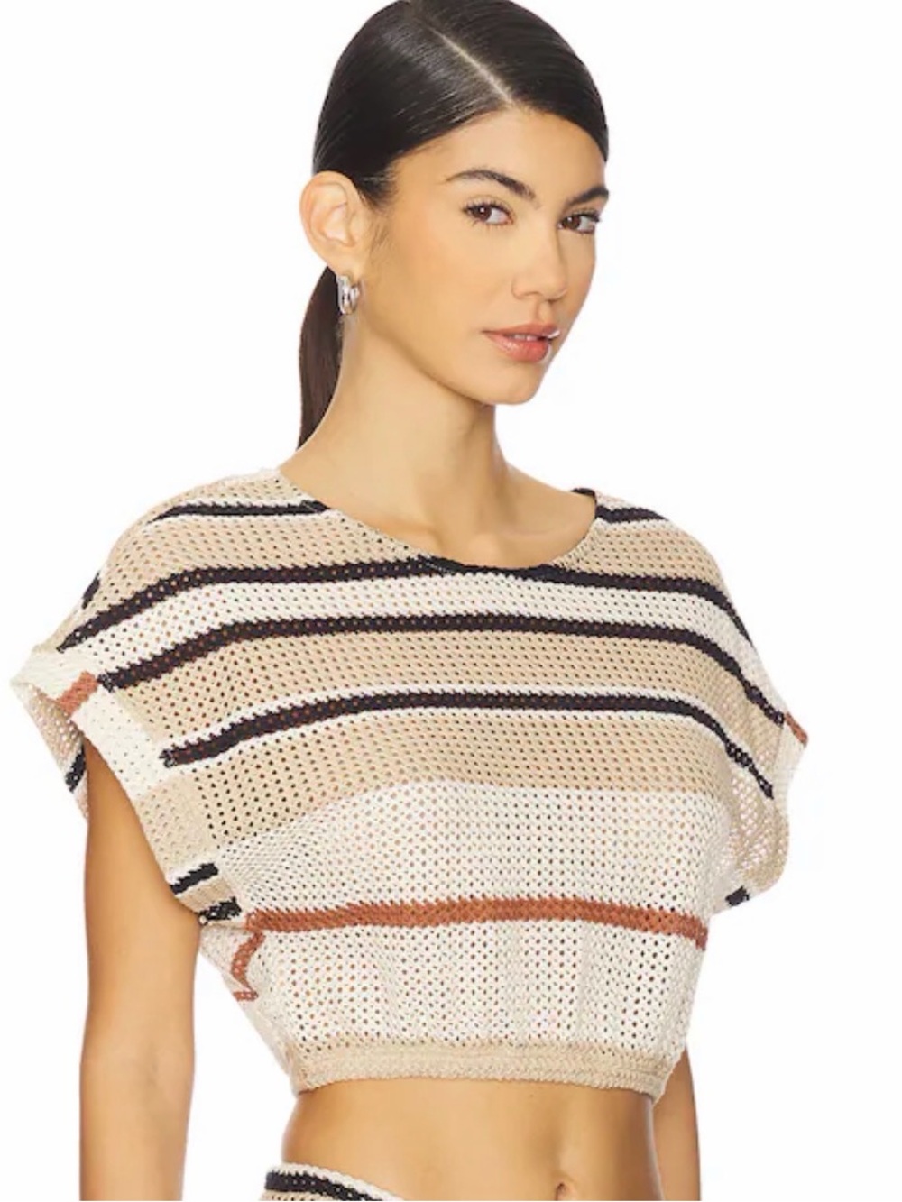 PQ Swim Striped Cropped Knit Top in Cream, Black & Rust